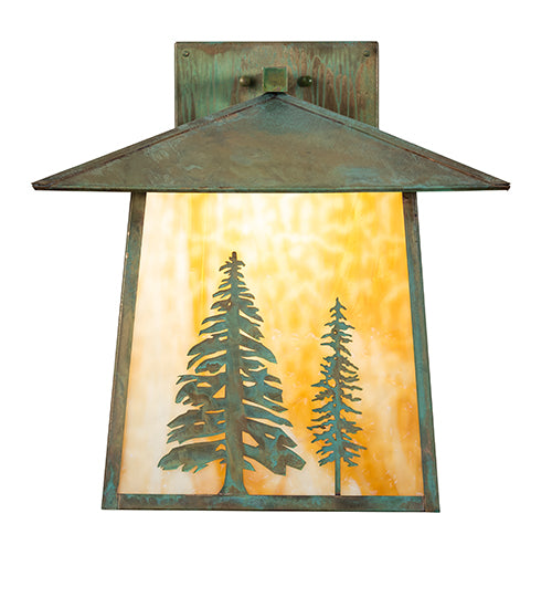 Meyda Lighting Stillwater 18" Verdigris Tall Pines Wall Sconce With Beige Art Shade Glass