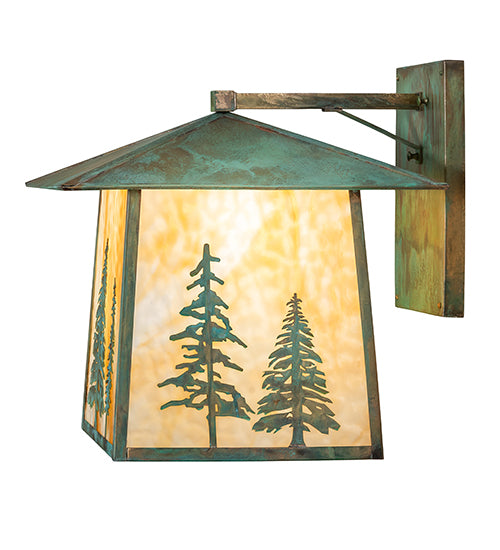 Meyda Lighting Stillwater 18" Verdigris Tall Pines Wall Sconce With Beige Art Shade Glass