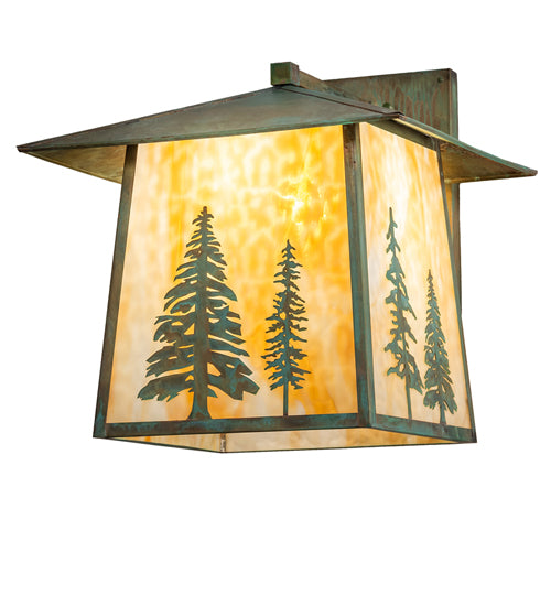 Meyda Lighting Stillwater 18" Verdigris Tall Pines Wall Sconce With Beige Art Shade Glass