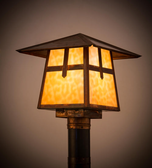 Meyda Lighting Stillwater 18" Vintage Copper Cross Mission Outdoor Post Mount Light With Beige Art Shade Glass