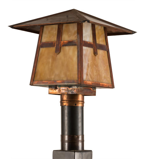 Meyda Lighting Stillwater 18" Vintage Copper Cross Mission Outdoor Post Mount Light With Beige Art Shade Glass