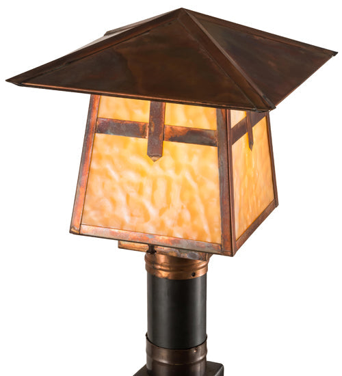Meyda Lighting Stillwater 18" Vintage Copper Cross Mission Outdoor Post Mount Light With Beige Art Shade Glass