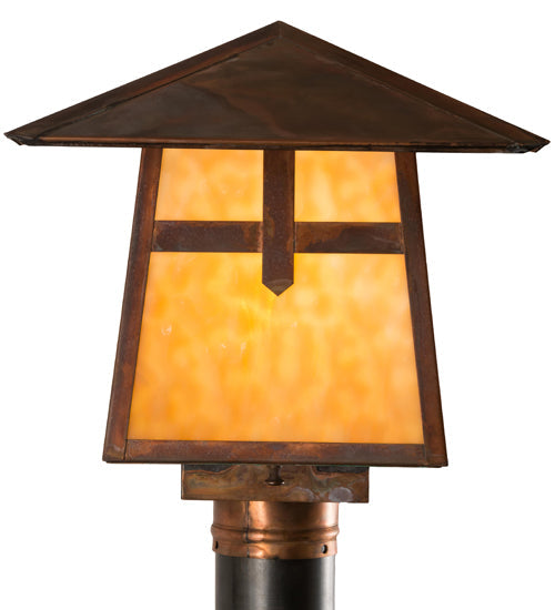 Meyda Lighting Stillwater 18" Vintage Copper Cross Mission Outdoor Post Mount Light With Beige Art Shade Glass