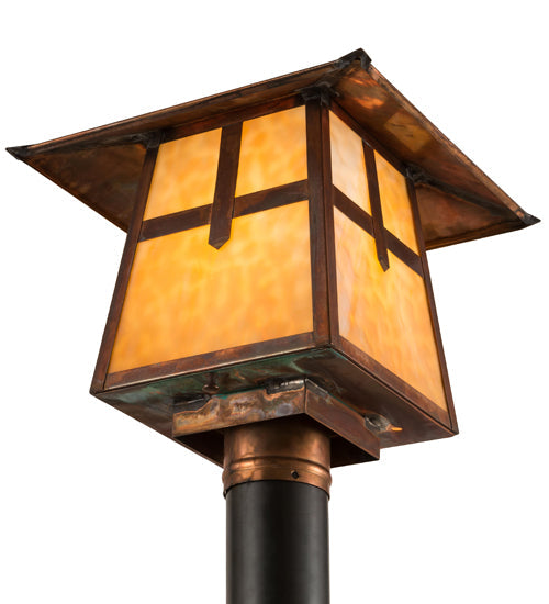 Meyda Lighting Stillwater 18" Vintage Copper Cross Mission Outdoor Post Mount Light With Beige Art Shade Glass