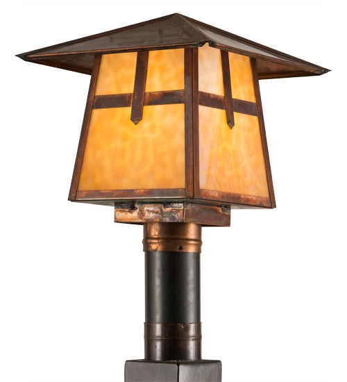 Meyda Lighting Stillwater 18" Vintage Copper Cross Mission Outdoor Post Mount Light With Beige Art Shade Glass