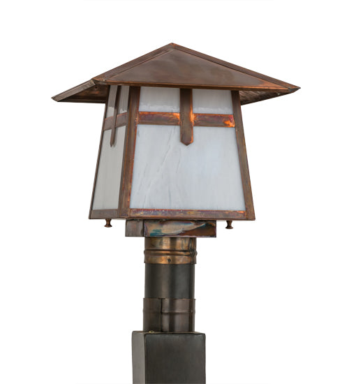 Meyda Lighting Stillwater 18" Vintage Copper Cross Mission Outdoor Post Mount Light With White Art Shade Glass