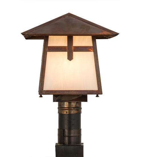 Meyda Lighting Stillwater 18" Vintage Copper Cross Mission Outdoor Post Mount Light With White Art Shade Glass