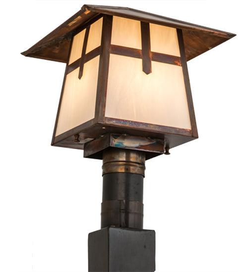 Meyda Lighting Stillwater 18" Vintage Copper Cross Mission Outdoor Post Mount Light With White Art Shade Glass