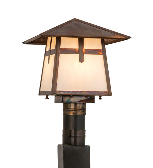 Meyda Lighting Stillwater 18" Vintage Copper Cross Mission Outdoor Post Mount Light With White Art Shade Glass