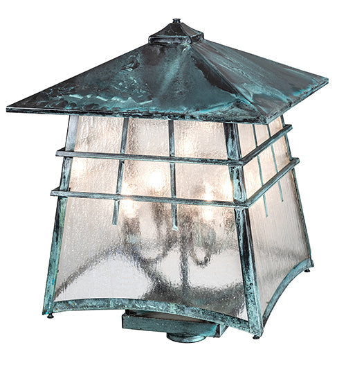 Meyda Lighting Stillwater 18"Sq 4-Light Verdigris Outdoor Post Mount Light With Clear Seeded Shade Glass