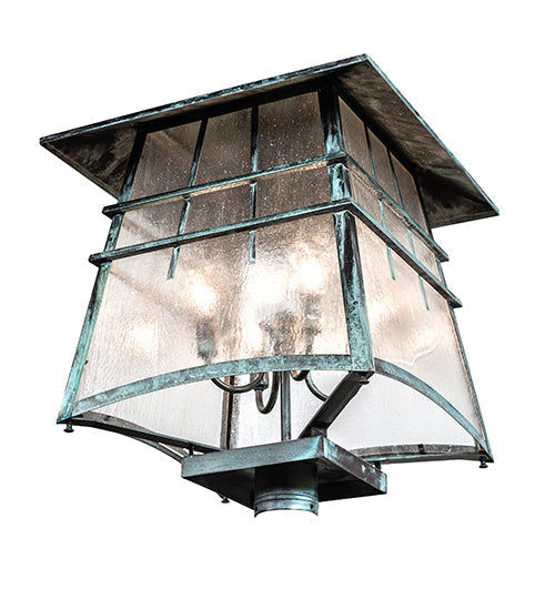 Meyda Lighting Stillwater 18"Sq 4-Light Verdigris Outdoor Post Mount Light With Clear Seeded Shade Glass