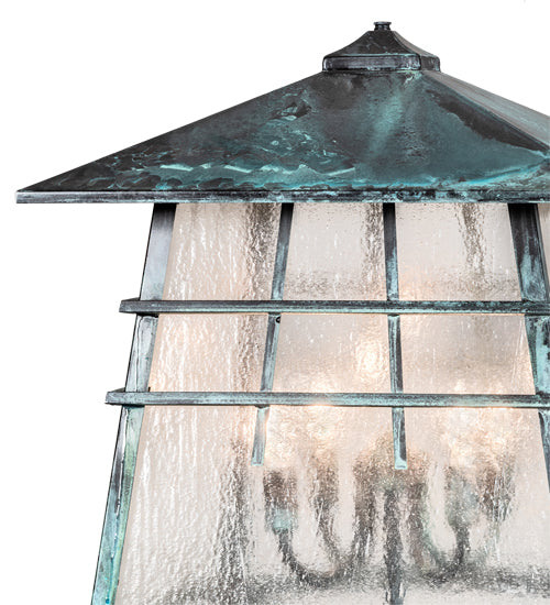 Meyda Lighting Stillwater 18"Sq 4-Light Verdigris Outdoor Post Mount Light With Clear Seeded Shade Glass