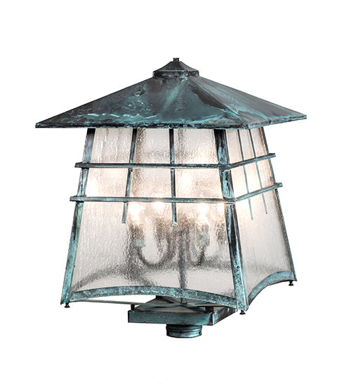 Meyda Lighting Stillwater 18"Sq 4-Light Verdigris Outdoor Post Mount Light With Clear Seeded Shade Glass