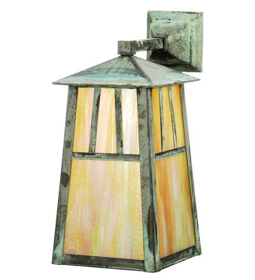Meyda Lighting Stillwater 20113 8" Verdigris Double Bar Mission Wall Sconce With Beige Iridescent Shade Glass