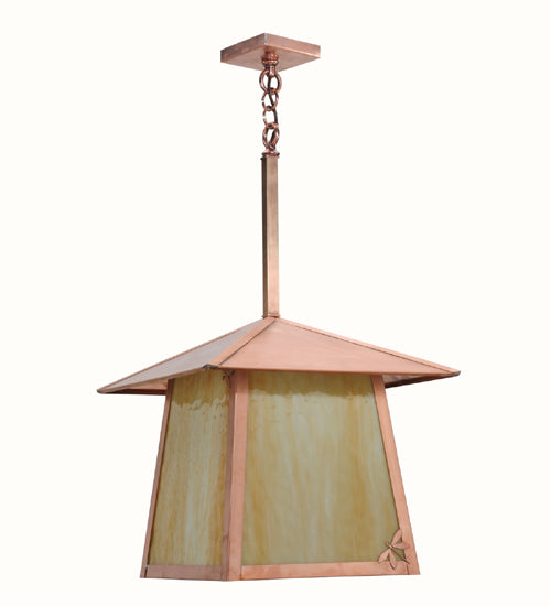 Meyda Lighting Stillwater 22" Natural Copper Dragonfly Pendant Light With Beige Art Shade Glass
