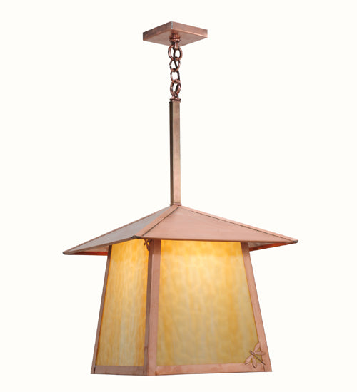 Meyda Lighting Stillwater 22" Natural Copper Dragonfly Pendant Light With Beige Art Shade Glass