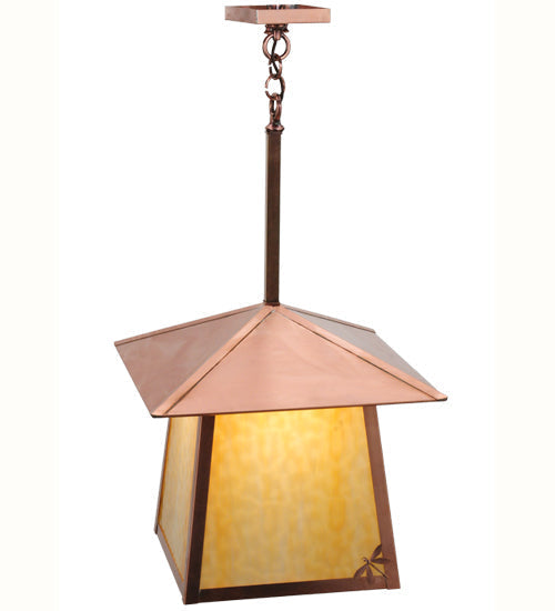 Meyda Lighting Stillwater 22" Natural Copper Dragonfly Pendant Light With Beige Art Shade Glass