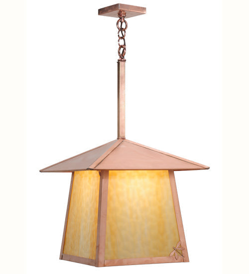 Meyda Lighting Stillwater 22" Natural Copper Dragonfly Pendant Light With Beige Art Shade Glass
