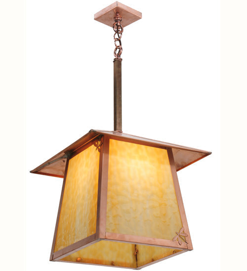 Meyda Lighting Stillwater 22" Natural Copper Dragonfly Pendant Light With Beige Art Shade Glass