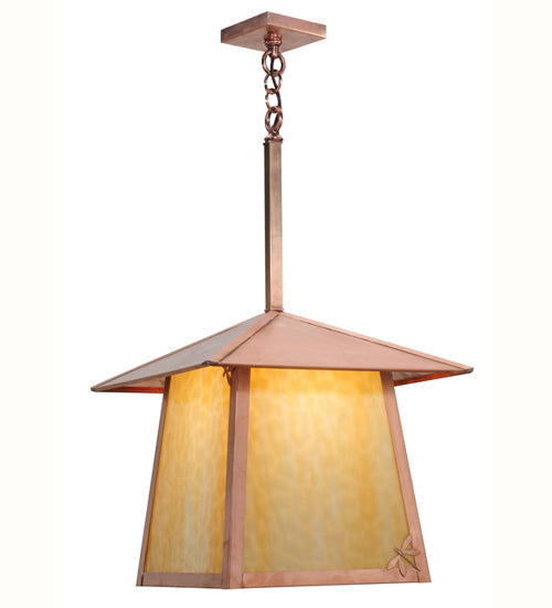 Meyda Lighting Stillwater 22" Natural Copper Dragonfly Pendant Light With Beige Art Shade Glass