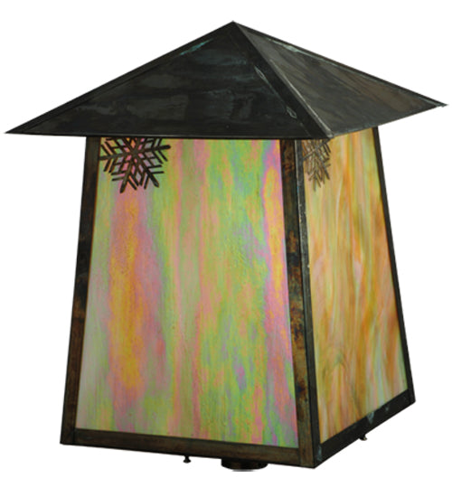 Meyda Lighting Stillwater 22"Sq Vintage Copper Snowflake Post Mount Light With Beige Iridescent Shade Glass