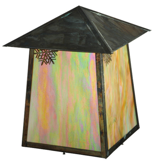 Meyda Lighting Stillwater 22"Sq Vintage Copper Snowflake Post Mount Light With Beige Iridescent Shade Glass