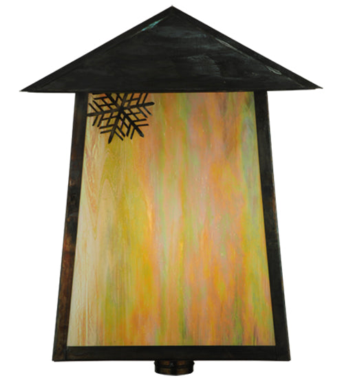 Meyda Lighting Stillwater 22"Sq Vintage Copper Snowflake Post Mount Light With Beige Iridescent Shade Glass