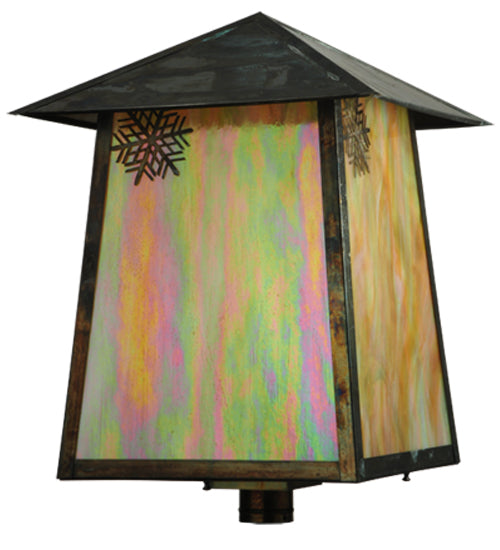 Meyda Lighting Stillwater 22"Sq Vintage Copper Snowflake Post Mount Light With Beige Iridescent Shade Glass
