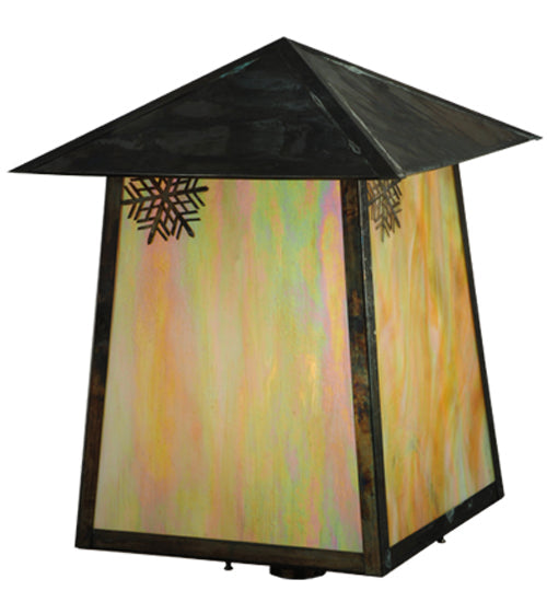 Meyda Lighting Stillwater 22"Sq Vintage Copper Snowflake Post Mount Light With Beige Iridescent Shade Glass