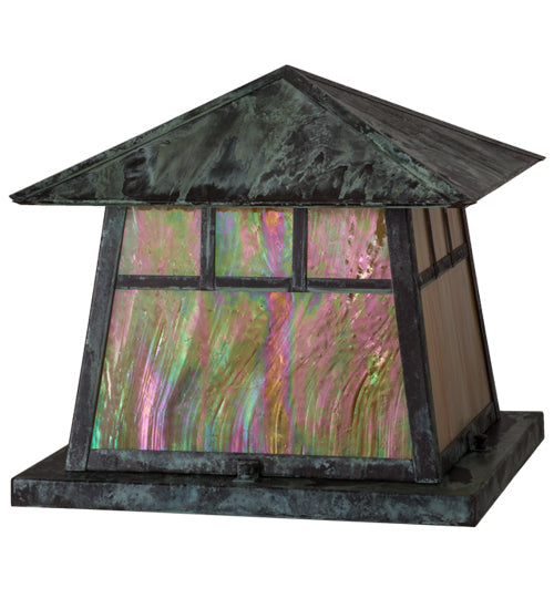 Meyda Lighting Stillwater 23" 4-Light Verdigris Double Bar Mission Outdoor Pier Mount Light With Beige Iridescent Art Shade Glass