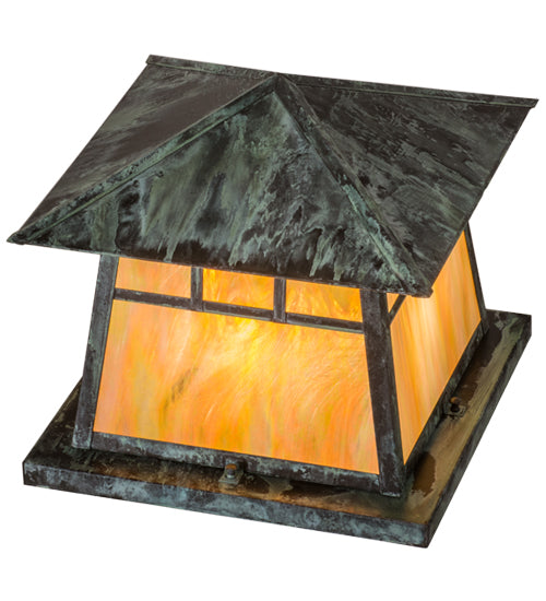 Meyda Lighting Stillwater 23" 4-Light Verdigris Double Bar Mission Outdoor Pier Mount Light With Beige Iridescent Art Shade Glass