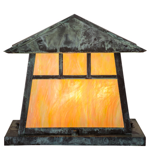 Meyda Lighting Stillwater 23" 4-Light Verdigris Double Bar Mission Outdoor Pier Mount Light With Beige Iridescent Art Shade Glass