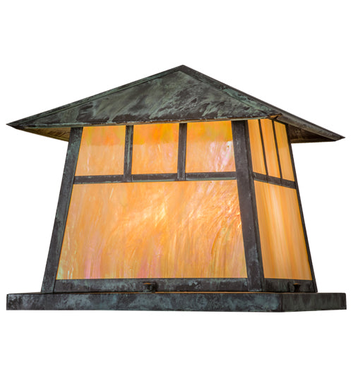Meyda Lighting Stillwater 23" 4-Light Verdigris Double Bar Mission Outdoor Pier Mount Light With Beige Iridescent Art Shade Glass