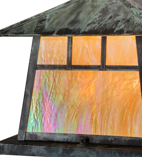Meyda Lighting Stillwater 23" 4-Light Verdigris Double Bar Mission Outdoor Pier Mount Light With Beige Iridescent Art Shade Glass