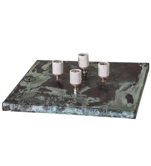 Meyda Lighting Stillwater 23" 4-Light Verdigris Double Bar Mission Outdoor Pier Mount Light With Beige Iridescent Art Shade Glass