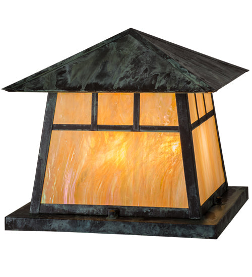 Meyda Lighting Stillwater 23" 4-Light Verdigris Double Bar Mission Outdoor Pier Mount Light With Beige Iridescent Art Shade Glass