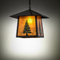 Meyda Lighting Stillwater 23" Craftsman Brown & Green Trees Tall Pine Pendant Light With Amber Mica Shade Glass
