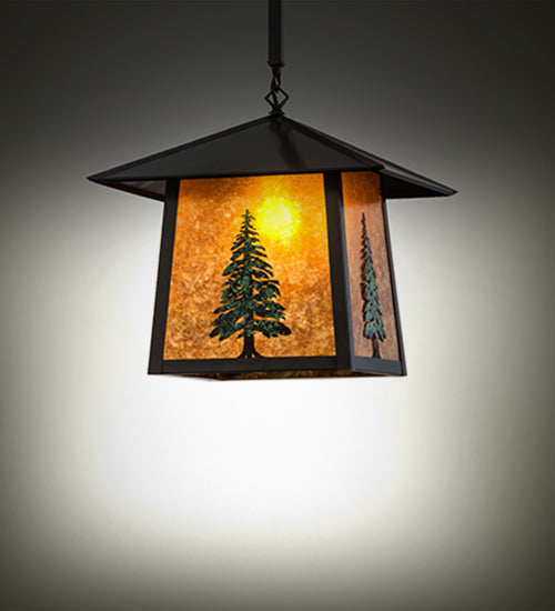 Meyda Lighting Stillwater 23" Craftsman Brown & Green Trees Tall Pine Pendant Light With Amber Mica Shade Glass