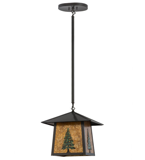 Meyda Lighting Stillwater 23" Craftsman Brown & Green Trees Tall Pine Pendant Light With Amber Mica Shade Glass