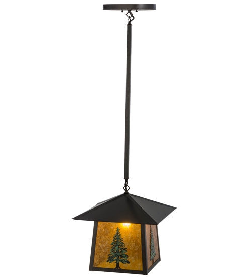 Meyda Lighting Stillwater 23" Craftsman Brown & Green Trees Tall Pine Pendant Light With Amber Mica Shade Glass