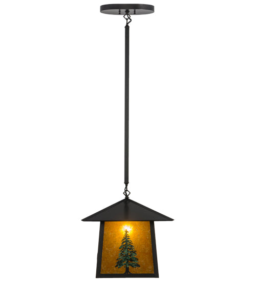 Meyda Lighting Stillwater 23" Craftsman Brown & Green Trees Tall Pine Pendant Light With Amber Mica Shade Glass