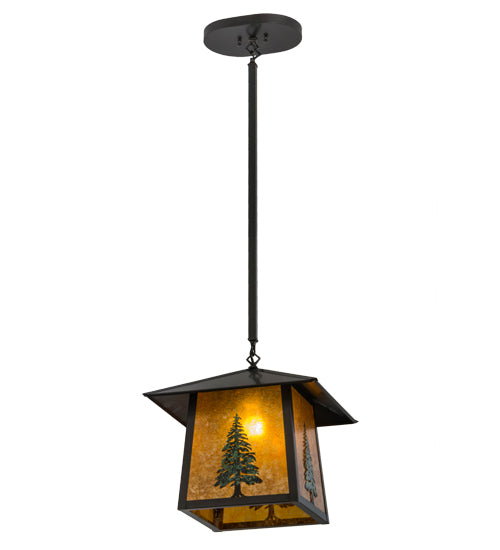 Meyda Lighting Stillwater 23" Craftsman Brown & Green Trees Tall Pine Pendant Light With Amber Mica Shade Glass