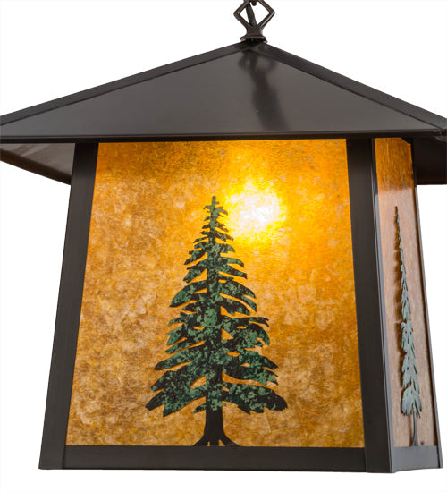 Meyda Lighting Stillwater 23" Craftsman Brown & Green Trees Tall Pine Pendant Light With Amber Mica Shade Glass