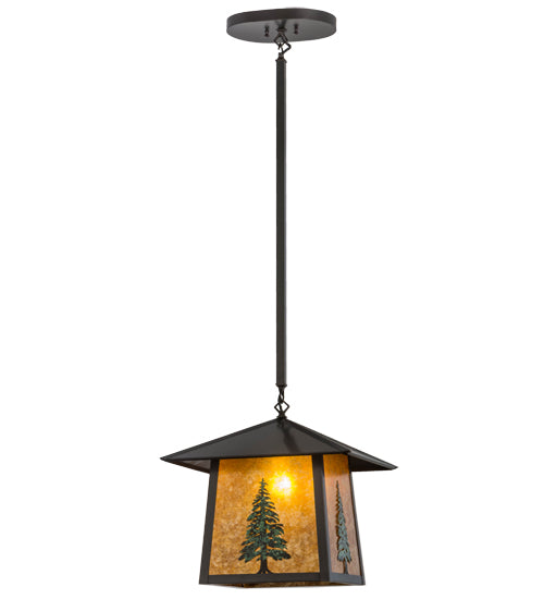 Meyda Lighting Stillwater 23" Craftsman Brown & Green Trees Tall Pine Pendant Light With Amber Mica Shade Glass