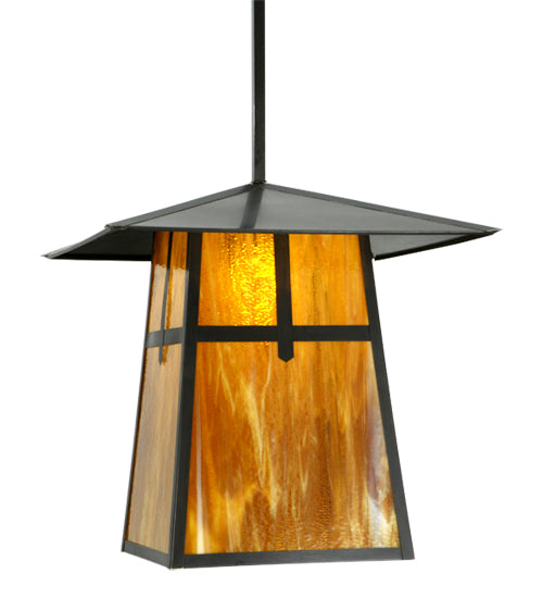 Meyda Lighting Stillwater 24" Craftsman Brown Cross Mission Pendant Light With Honey Amber Art Shade Glass