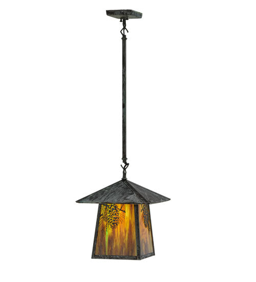 Meyda Lighting Stillwater 24" Verdigris Winter Pine Pendant Light With Moss Green Art Shade Glass