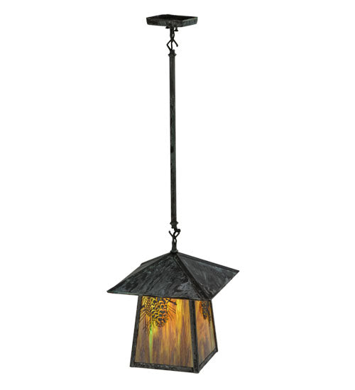 Meyda Lighting Stillwater 24" Verdigris Winter Pine Pendant Light With Moss Green Art Shade Glass