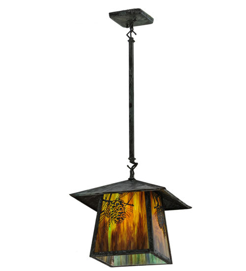 Meyda Lighting Stillwater 24" Verdigris Winter Pine Pendant Light With Moss Green Art Shade Glass