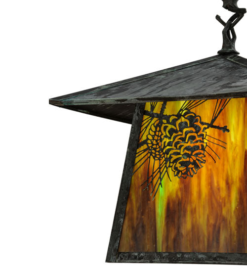 Meyda Lighting Stillwater 24" Verdigris Winter Pine Pendant Light With Moss Green Art Shade Glass
