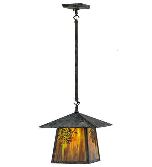 Meyda Lighting Stillwater 24" Verdigris Winter Pine Pendant Light With Moss Green Art Shade Glass